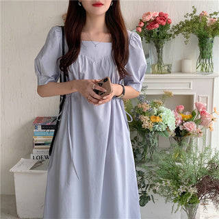 Korean solid color drawers waist dress