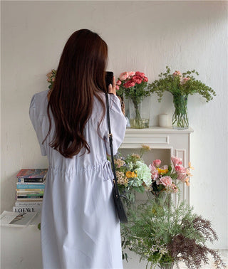 Korean solid color drawers waist dress