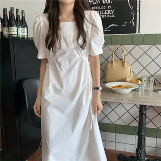 Korean solid color drawers waist dress