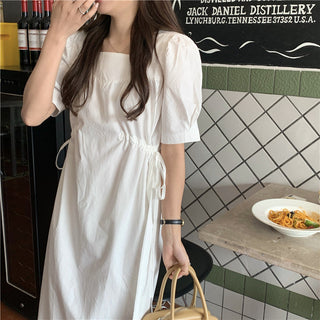 Korean solid color drawers waist dress