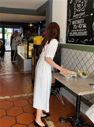 Korean solid color drawers waist dress