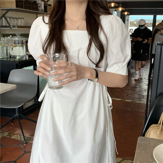 Korean solid color drawers waist dress