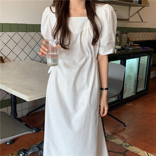 Korean solid color drawers waist dress