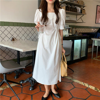 Korean solid color drawers waist dress