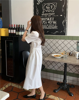 Korean solid color drawers waist dress