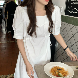 Korean solid color drawers waist dress