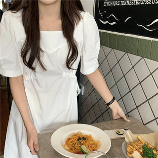 Korean solid color drawers waist dress