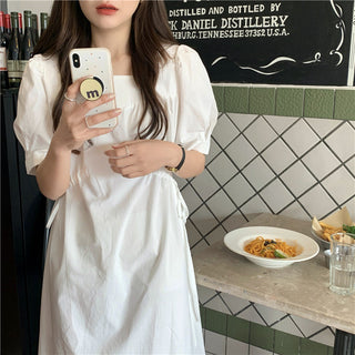 Korean solid color drawers waist dress