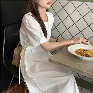 Korean solid color drawers waist dress