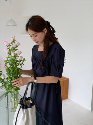 Korean solid color drawers waist dress