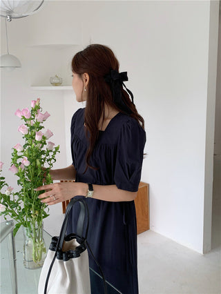 Korean solid color drawers waist dress