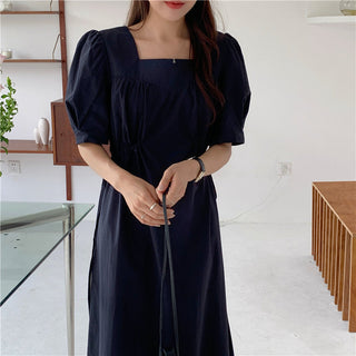 Korean solid color drawers waist dress