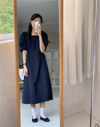 Korean solid color drawers waist dress