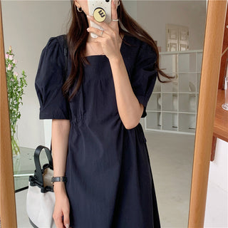 Korean solid color drawers waist dress
