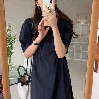 Korean solid color drawers waist dress