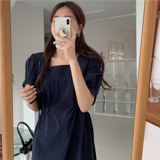 Korean solid color drawers waist dress