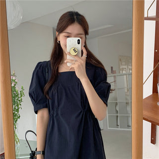 Korean solid color drawers waist dress