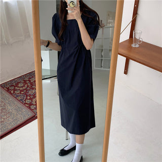 Korean solid color drawers waist dress