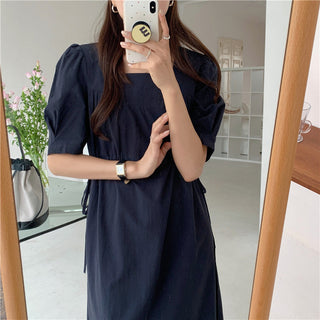 Korean solid color drawers waist dress