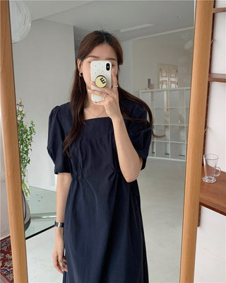 Korean solid color drawers waist dress