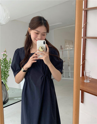 Korean solid color drawers waist dress
