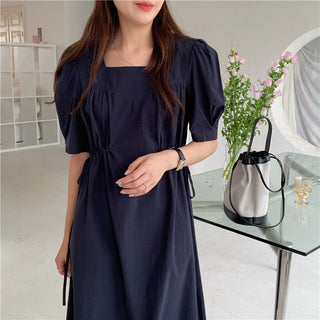 Korean solid color drawers waist dress