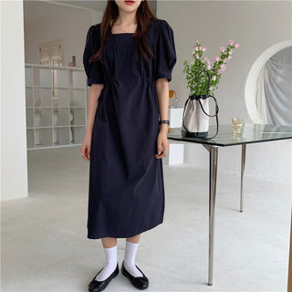 Korean solid color drawers waist dress