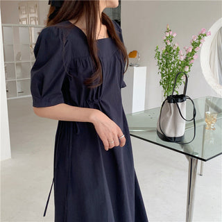 Korean solid color drawers waist dress