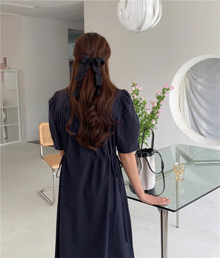 Korean solid color drawers waist dress