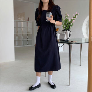 Korean solid color drawers waist dress