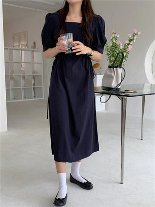 Korean solid color drawers waist dress