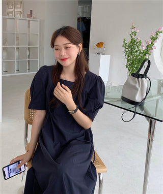 Korean solid color drawers waist dress