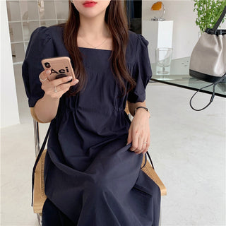 Korean solid color drawers waist dress