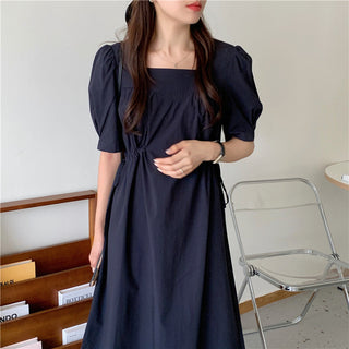 Korean solid color drawers waist dress