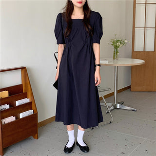 Korean solid color drawers waist dress