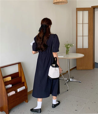 Korean solid color drawers waist dress