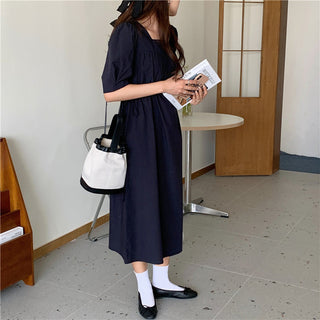 Korean solid color drawers waist dress