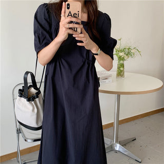 Korean solid color drawers waist dress