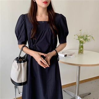 Korean solid color drawers waist dress