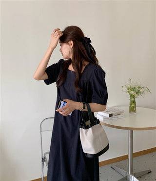 Korean solid color drawers waist dress