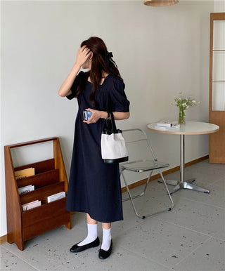 Korean solid color drawers waist dress