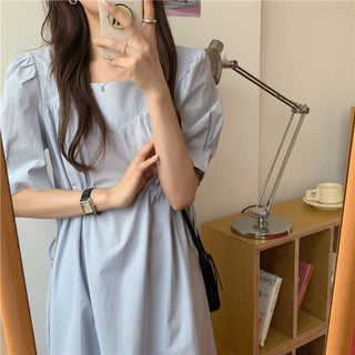 Korean solid color drawers waist dress