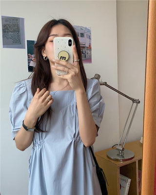 Korean solid color drawers waist dress