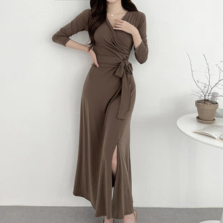 V-neck knee long skirt split dress