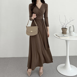 V-neck knee long skirt split dress