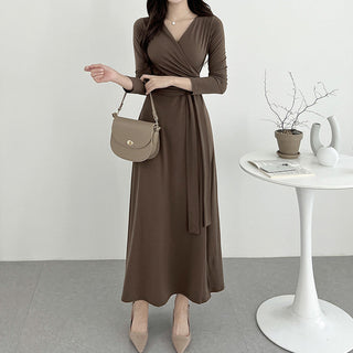 V-neck knee long skirt split dress