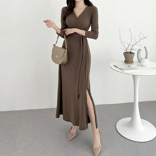 V-neck knee long skirt split dress