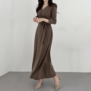 V-neck knee long skirt split dress
