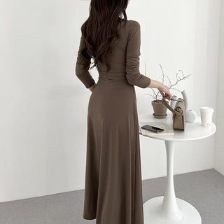 V-neck knee long skirt split dress