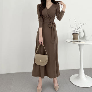 V-neck knee long skirt split dress
